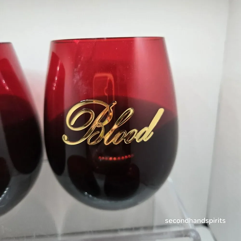 Set of 4 Halloween Blood Stemless Wine Glasses Red Black Ombre Gold Script
